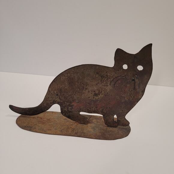 Metal Kitty Cat Sculpture Doorstop Book End Handcrafted Rustic Cutout Country - Picture 2 of 9